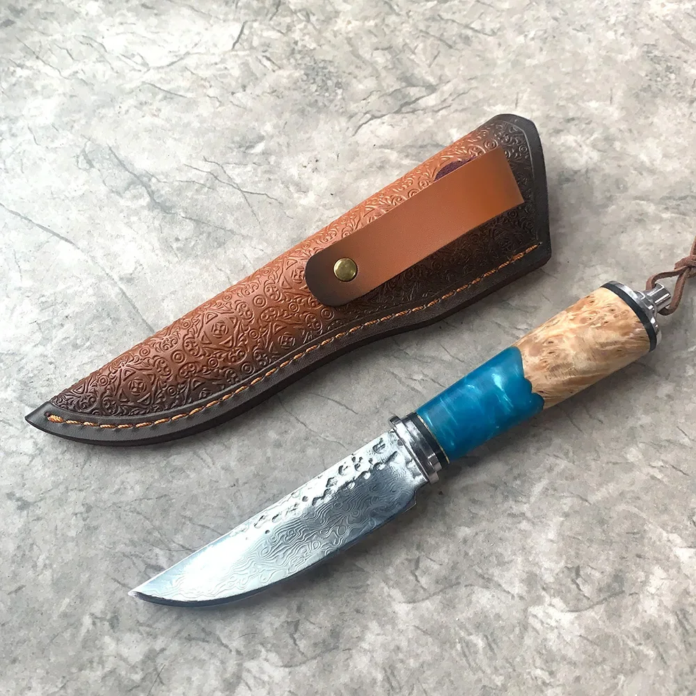 

Resin Cured Wood Handle Camping Hunting Knife Fixed Damascus Steel Sharp Blade Tactical Knife Hunter Hand Tools for Self Defense