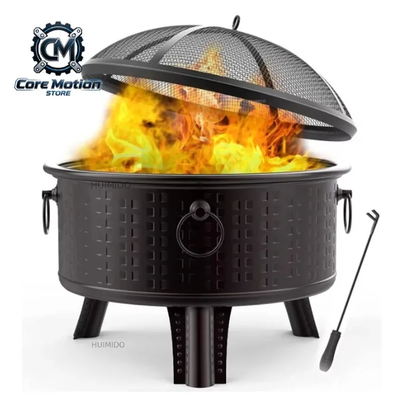 Large Outdoor Fire Pit Bowl - Round Wood Burning Patio Firebowl with Portable Poker and Spark Screen