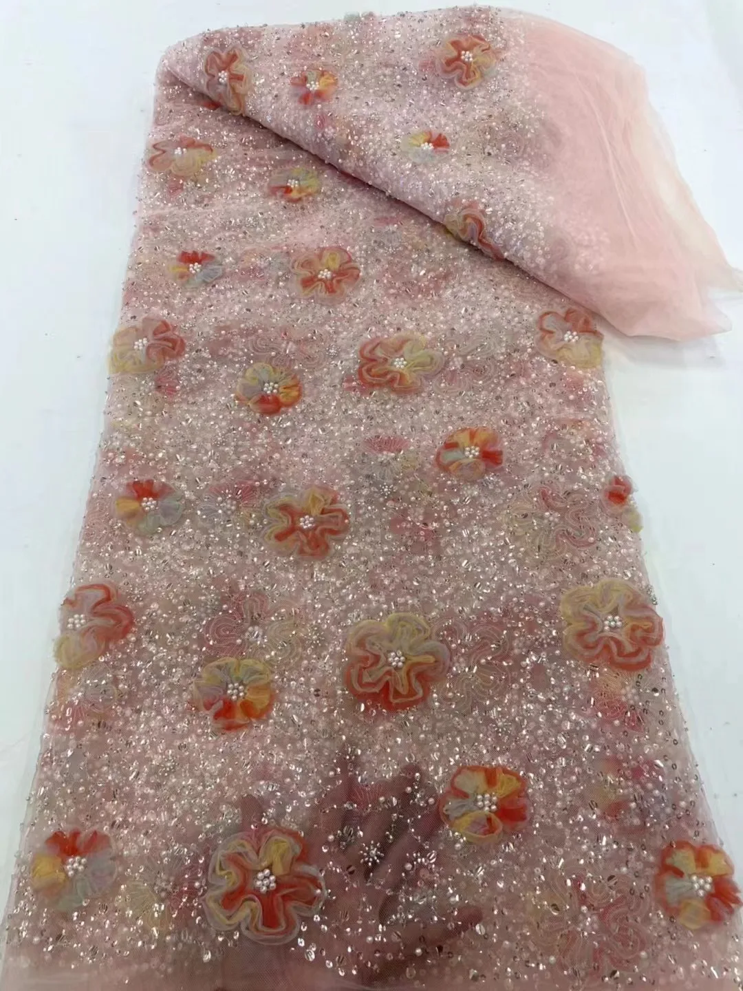 Fashion French Mesh 3D Flowers Embroidery Beadeds Lace Fabric With Sequins African Nigerian Fabric For Wedding Dress