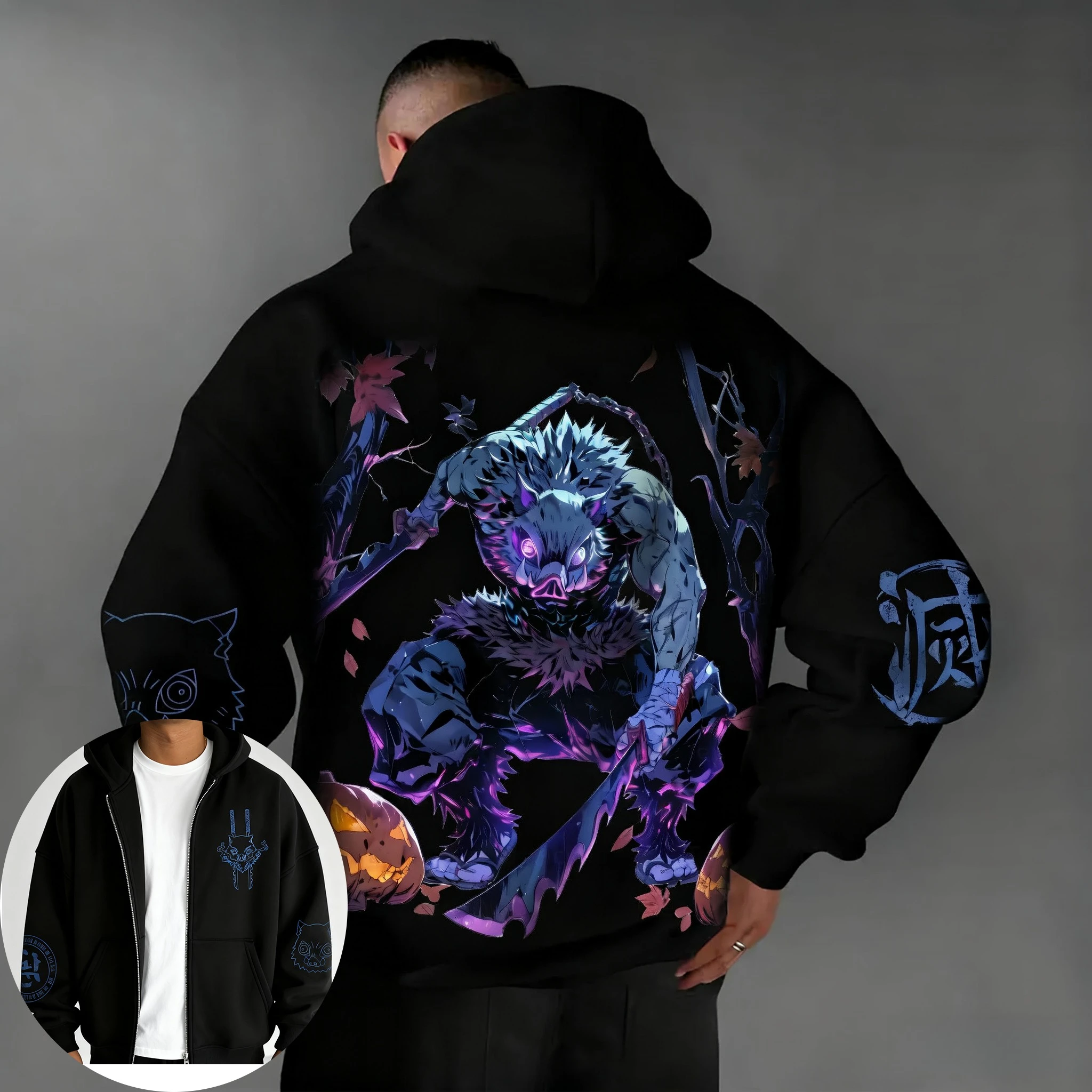 Demon Slayer Halloween Men's Zipper Hoodie Autumn/Winter New Anime Printed Harajuku Plus Size Casual Loose Sweater Versatile Top