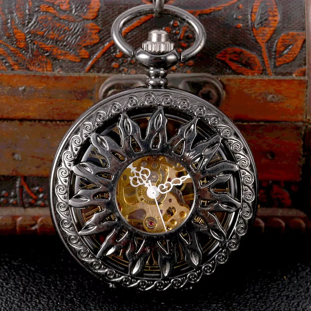 ブラック透かし彫り炎太陽の花ゴールドスケール大型機械式懐中時計
