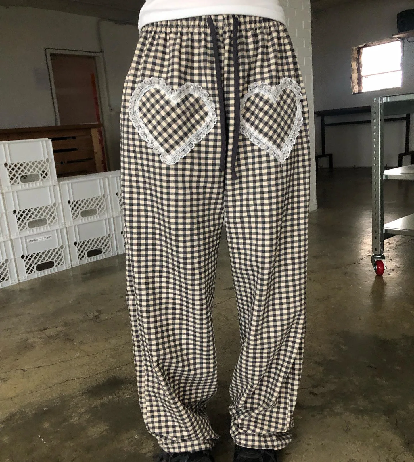 

Womens Pants 2026 Spring/summer New Korean Version Lace Lace Lace Heart Pocket Plaid Pants Loose Casual Daily Wear