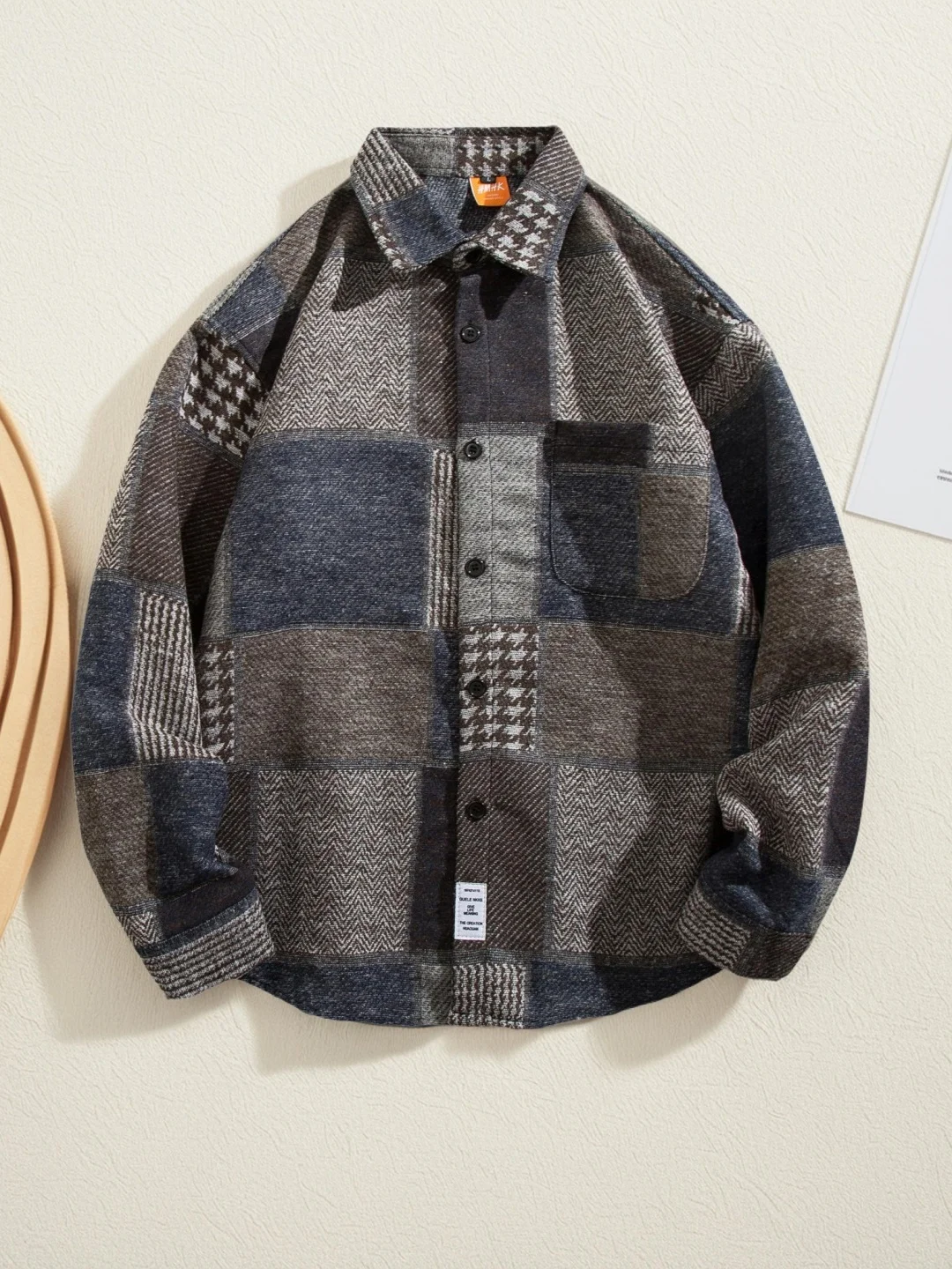 Retro Japanese Style Woolen Plaid Shirt Jacket Men's Loose Casual Long Sleeve Color Block Collar Button up Outerwear