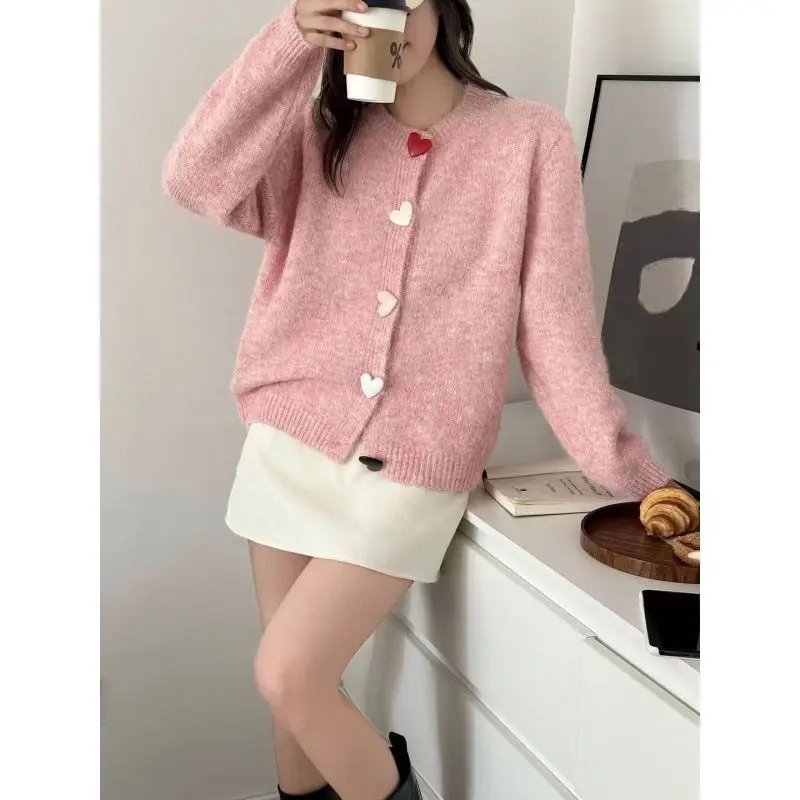 

Long Sleeve Knit Love Cardigan Lady All-match O-neck Chic Top Coat Women's Clothing Korean Fashion Gentle Sweaters Autumn/Winter