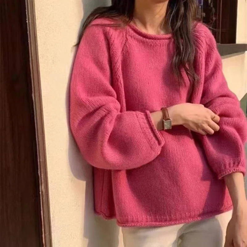 

Autumn/winter New Loose Solid Color Knitted Base Top Casual Long Sleeved O-Neck Sweater Sweet Lantern Sleeve Women's Sweater