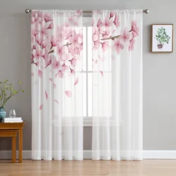 Pink Flower Cherry Blossoms White Tulle Curtains for Living Room Bedroom Decoration Chiffon Sheer Voile Kitchen Window Curtain