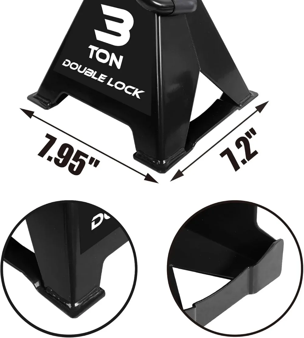 Heavy Duty Steel Jack Stands: Double Locking Pins, 3 Ton (6000 lb) Capacity, Adjustable Height 11-16 inches, Black Pair