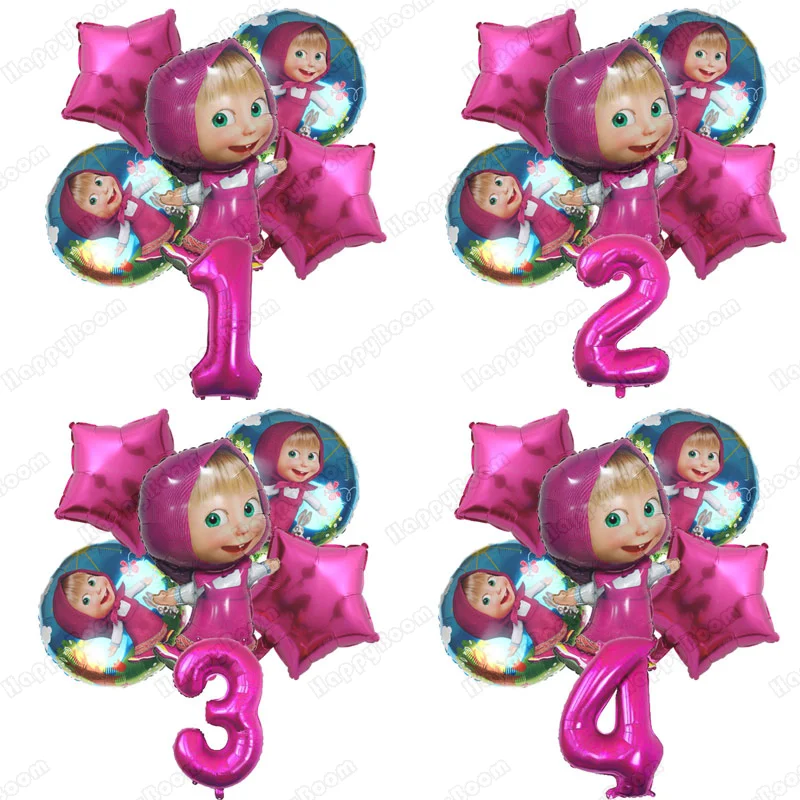 6pcs Masha and Bear Birthday Aluminum Film Balloons Set Cartoon Masha and Bear Themed Birthday Party Decoration Supplies