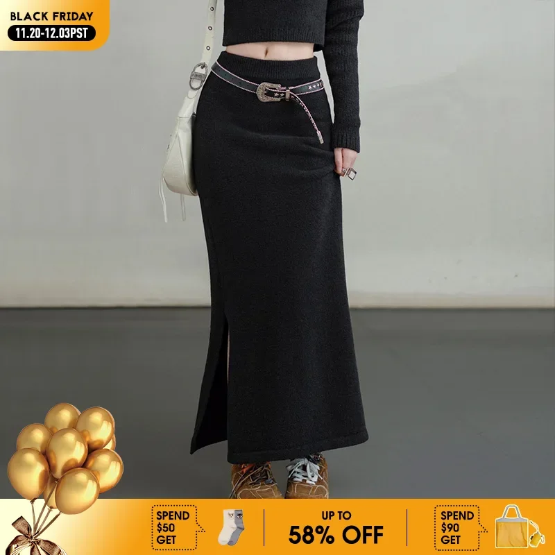 

Maden Retro Knitted Skirt Solid Color Slit Fit with Single-side Slit Versatile A - line Skirt for Women's Autumn and Winter