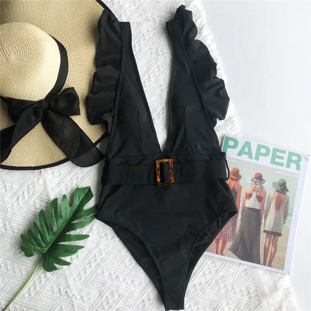 Weißer, sexy, geraffter, tief ausgeschnittener, einteiliger Badeanzug für Damen, Badebekleidung für Frauen mit Gürtel, Monokini, Badeanzug, Badebekleidung für Damen, V2198 – Detail 25
