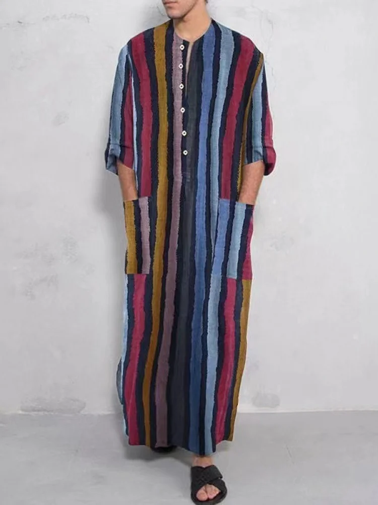 

Muslim Long Robe Southeast Asia Stand Collar Door Tube adient Stripe Long Sve Hanfu Middle East Gown Youth Cotton Autumn...