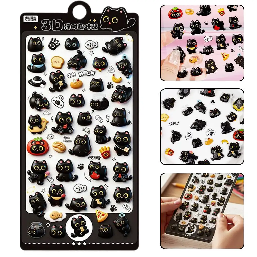 4pcs 3D Cute Cartoon Puffy Stickers Black Cat & Funny Expressions Relief Stickers For Scrapbooking, Journals and Craft Stickers