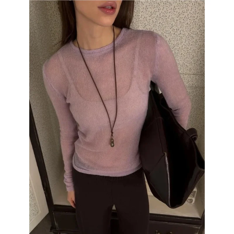 Women's Thin Knitted Sweater Spring and Summer Classic Solid O-neck Long Sleeve Elastic Knitted Shirt Fashion See Through Tops