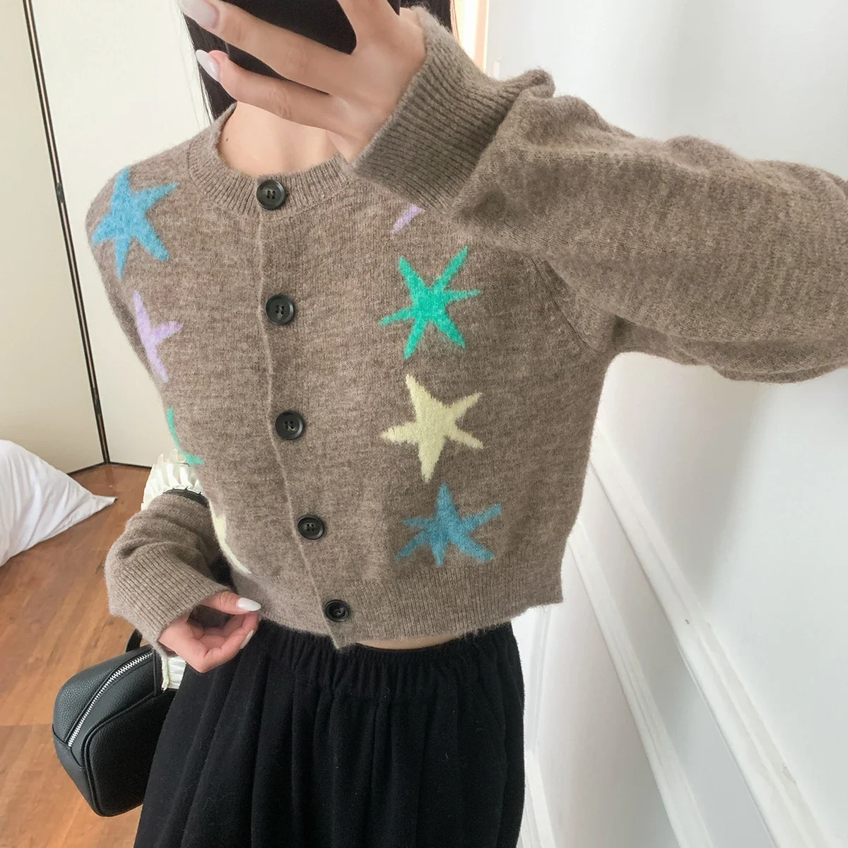 Women 2024 Autumn and Winter New Round Neck Star Intarsia Knitted Short Cardigan