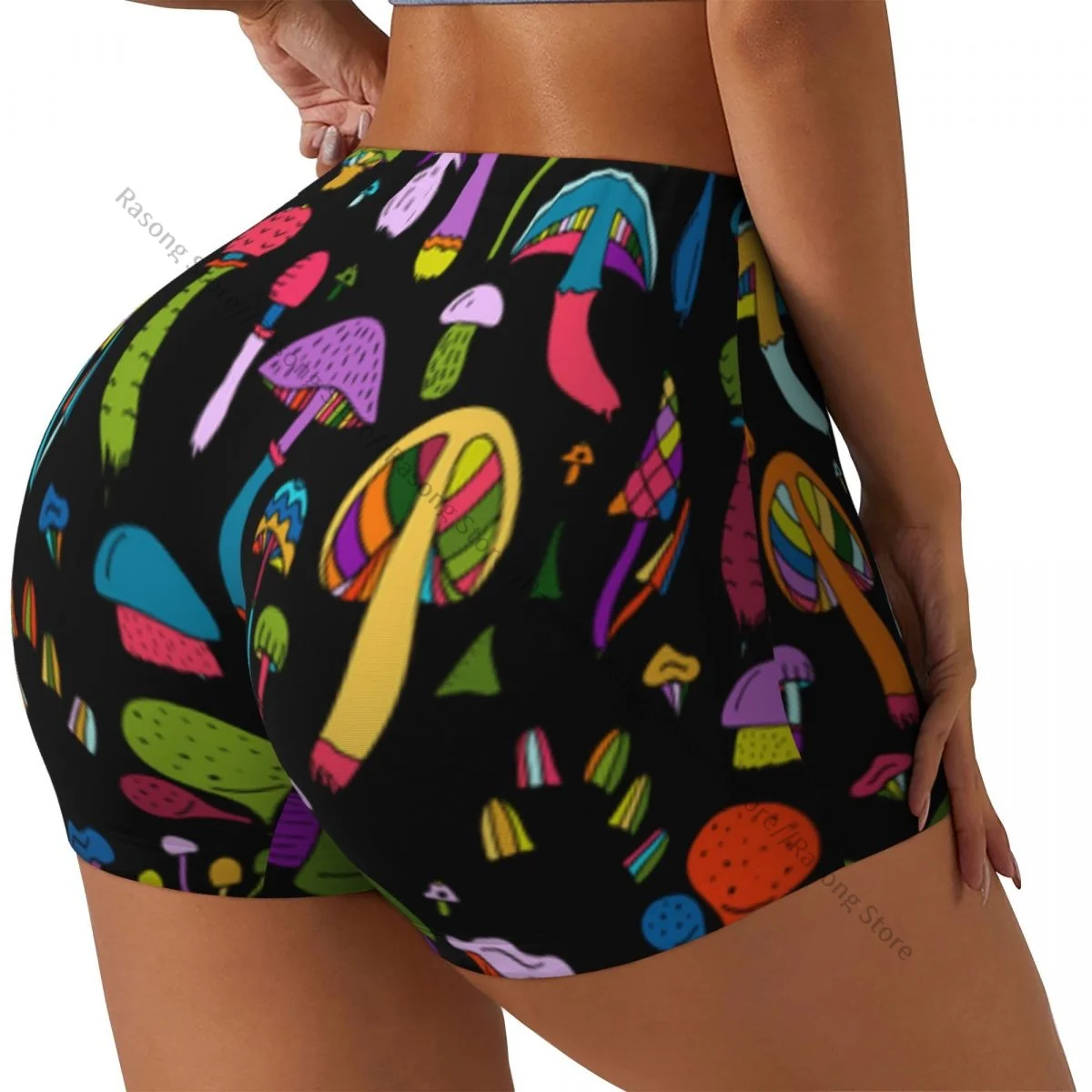 Shorts de ioga de elastano para mulheres com padrão de cogumelos e shorts de treino