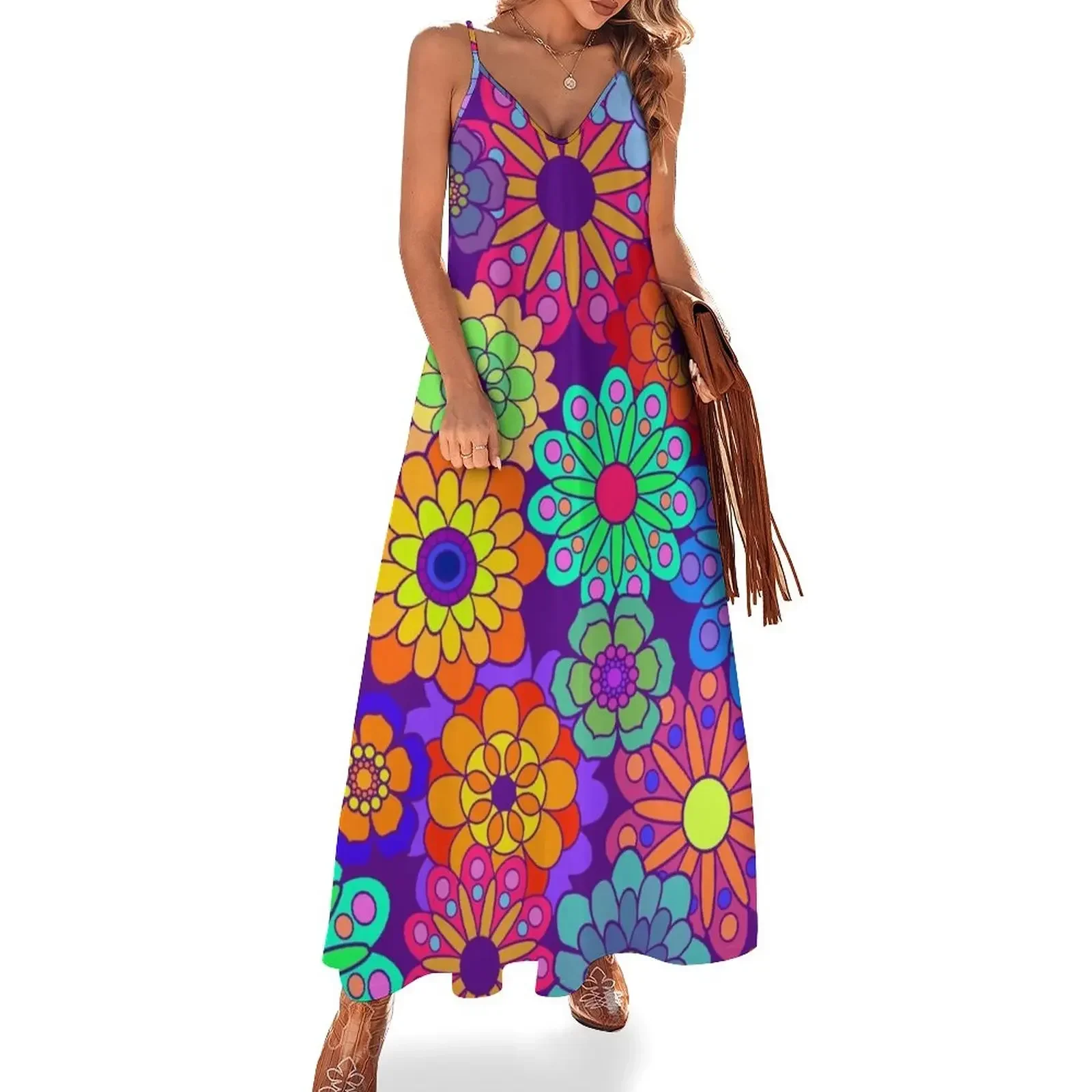 

Flower Power Retro Style Hippy Flowers Sleeveless Dress evening dress ladies elegant chic women dresses promotion Dress