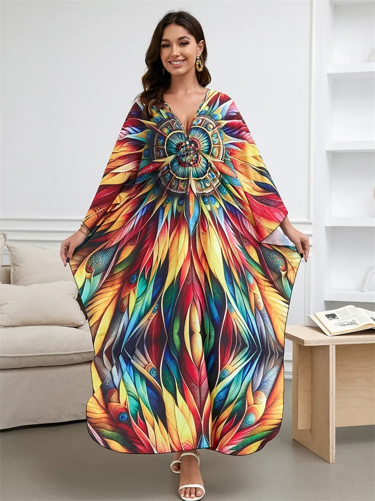 Elegancka damska damska Plus Size Kaftan 2024 letnia sukienka z dekoltem w stylu Boho z dekoltem w szpic seksowna okrycie plażowe sukienka Q1588