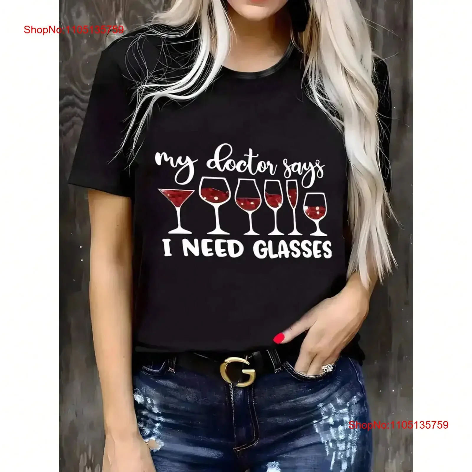 Ladies' Casual Round Neck T shirt with Wine Glass Print Soft d Top vintage Washed streetwear Breathable Unisex