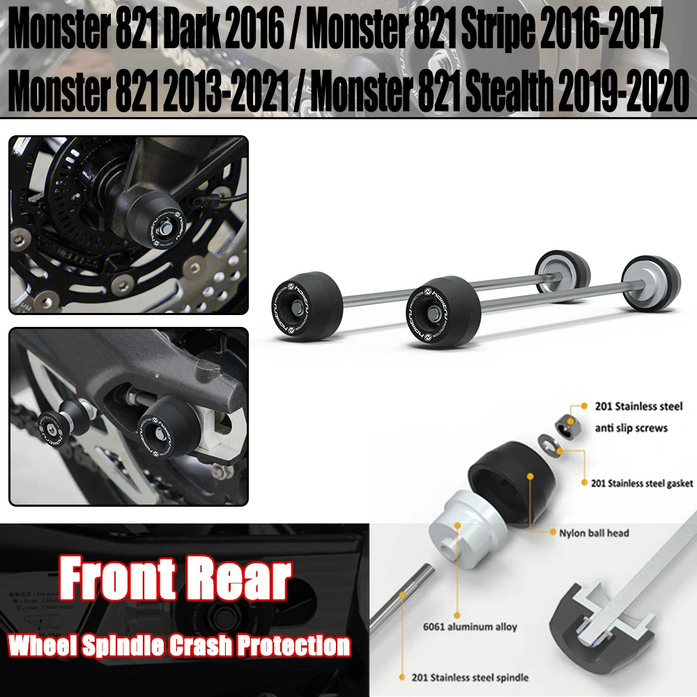 For Ducati Monster 821 / Dark / Stripe / Stealth / 2013-2015 2016 2017 2018 2019 2020 Front Rear wheel Spindle Crash Protection