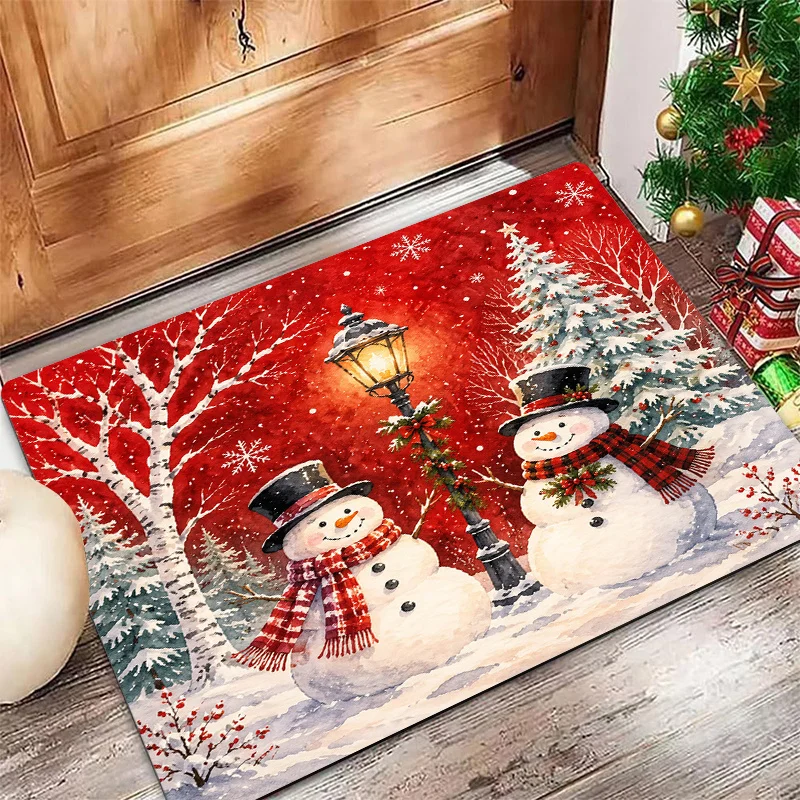 Holly Jolly Snowman Doormat Christmas Holly Pine Branch Print Entryway Floor Mat for Front Door Indoor Xmas Holiday Home Decor