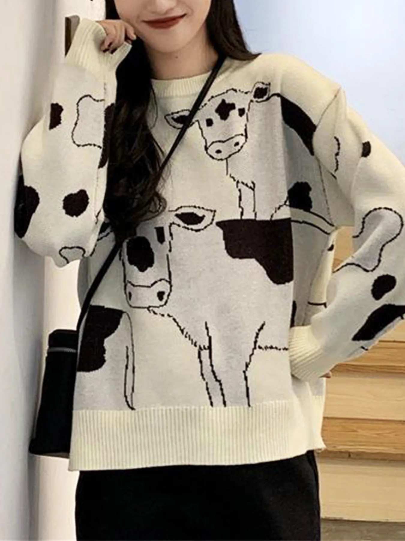 Women\'s Cow Print Thick Knit Loose Cute Winter Sweater Female Casual Kawaii Casual Girl Pullover Knitting Pullover for Women