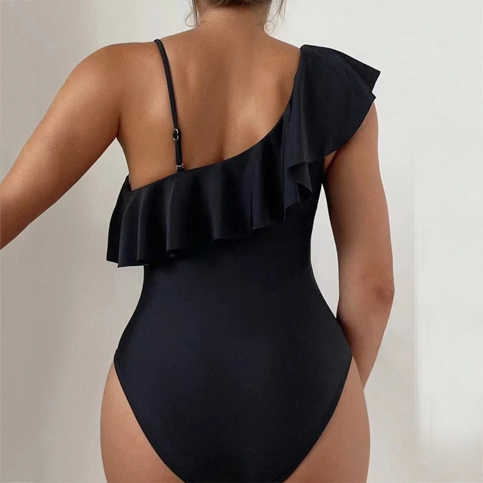 Women\'S Swimsuits Plus Size Leaf Mesh Hollowed Out Single Shoulder Fly Edge Solid Color Women\'S Swimsuit купальник женский