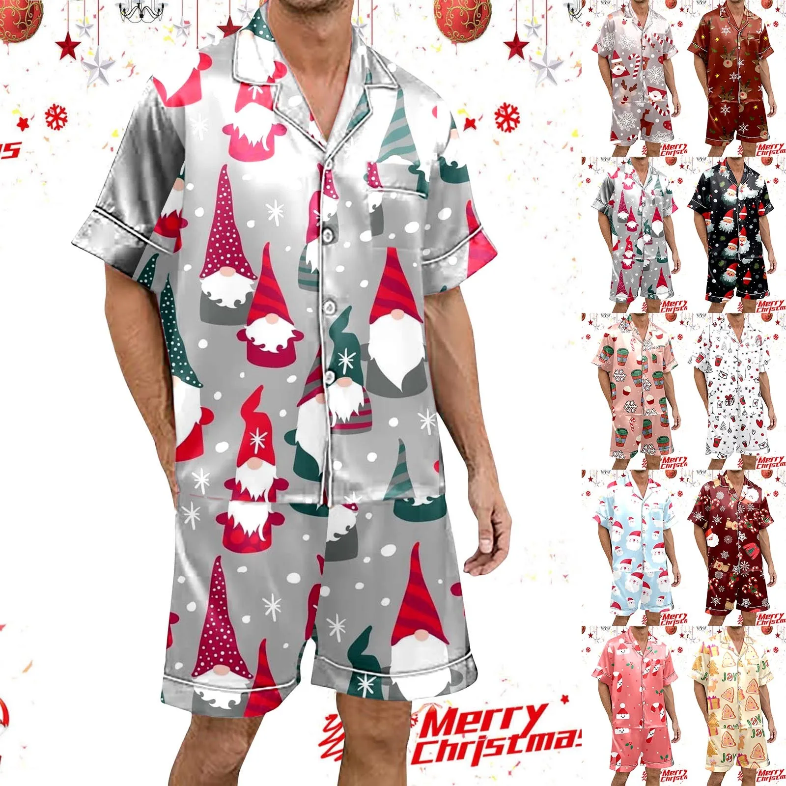 Men Pajama Sets Casual Home Clothes Christmas Pajamas Set Women 2-Piece Silk Satin Short-Sleeved Shirt And Shorts Sleepwear