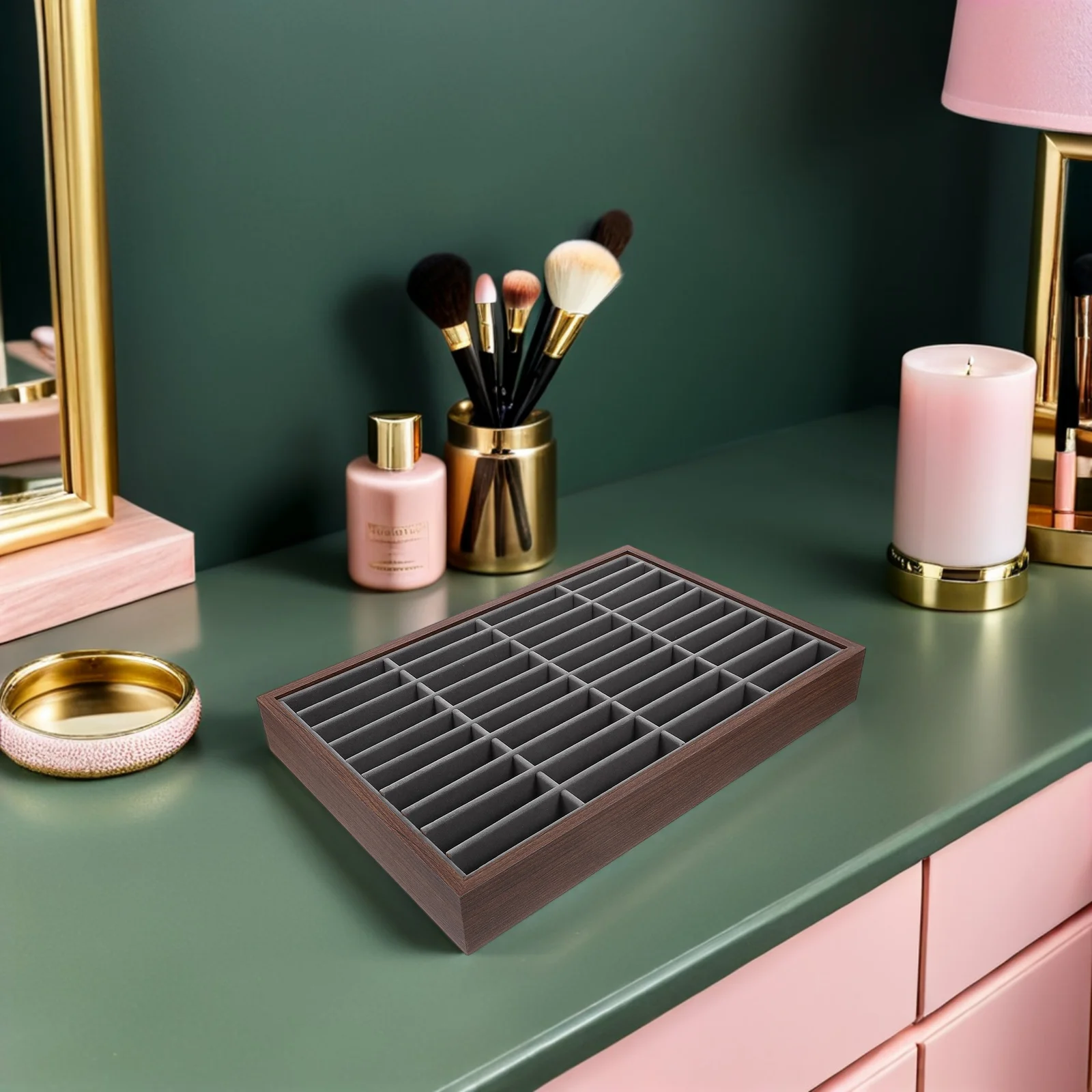 

Wooden Bracelet Display Tray: Lined Jewelry Organizer Case For Rings Bangles Necklaces Storage Drawer Portable Showcase