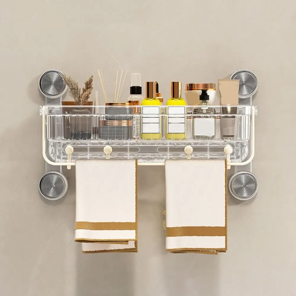

Wall Mounted Suction Cup Bathroom Shelf Large Capacity Space Saving Toilet Storage Racks Plastic with Towel Shelf and Hooks