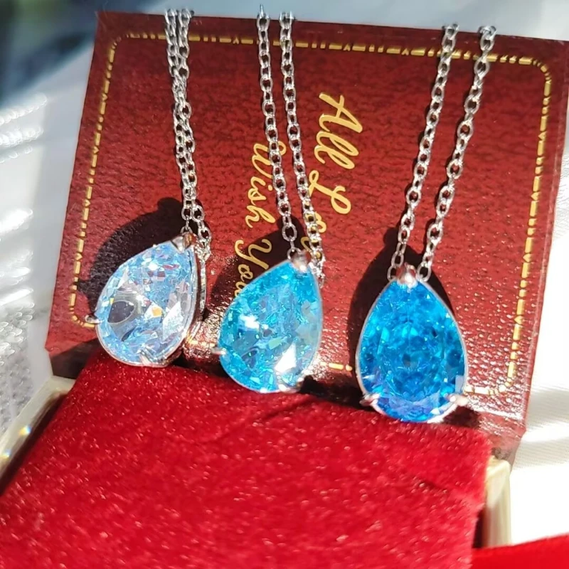 925 Sterling Silver Stylish Simple Ice Flower Cut Crystal Zircon Pear Shaped Pendant Necklace Birthday Party Anniversary Gift