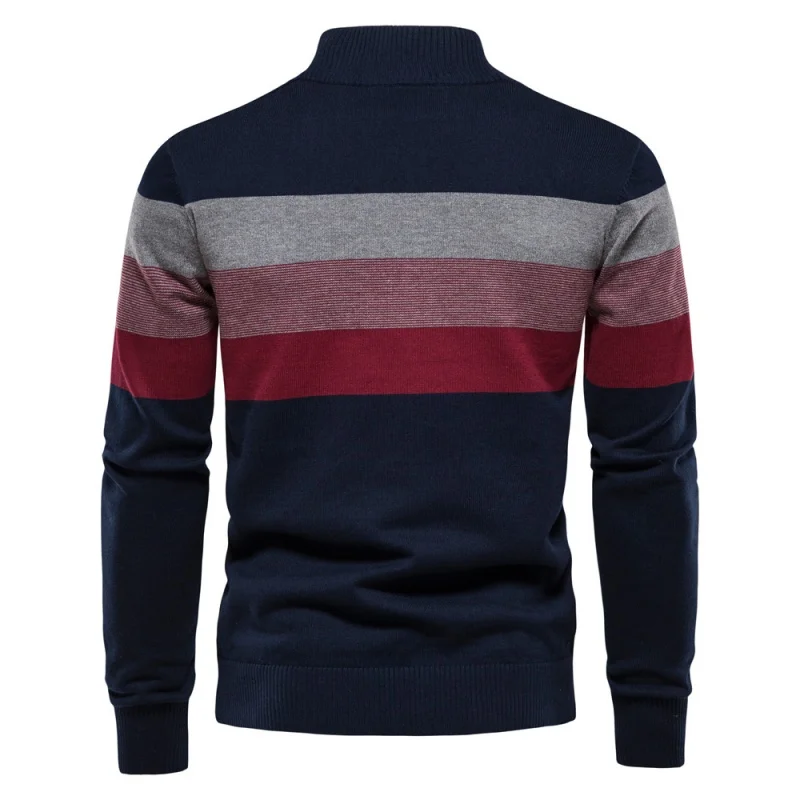 Autumn Winter Men's Fashion Color Matching Half Zipper Sweater Casual Standing Collar Striped Patchwork Pullover Knitwear