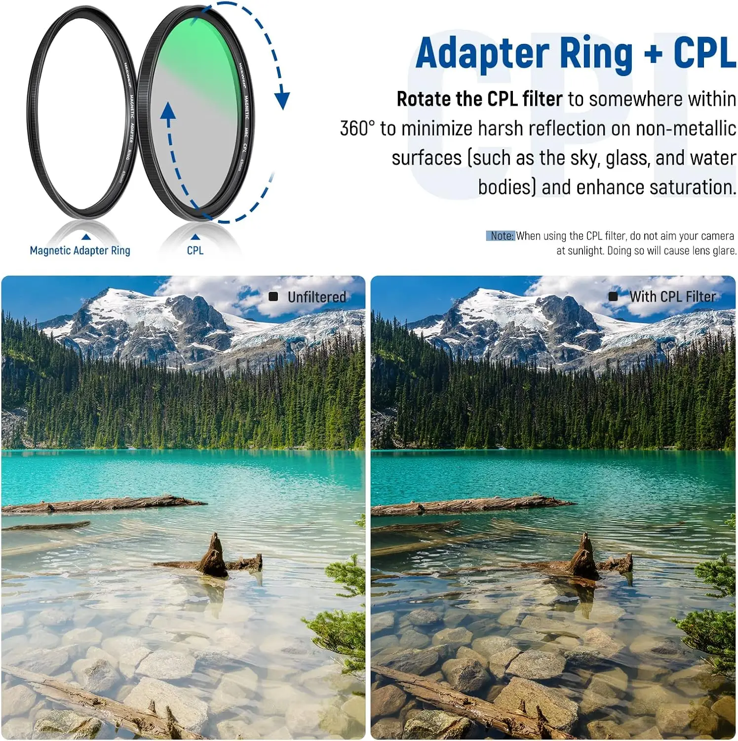NEEWER Magnet-Linsenfilter-Set, ND1000-, MCUV- und CPL-Filter mit neutraler Dichte, Adapterring, Filterkappe mit 42-lagiger Mehrfachbeschichtung – Detail 3
