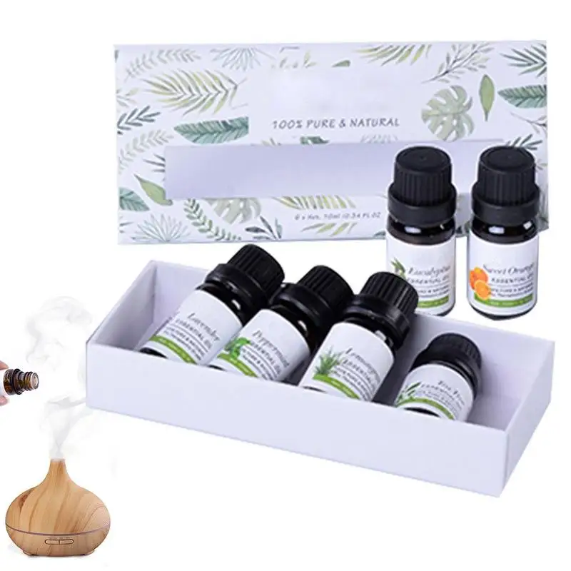 Conjunto de óleos aromaterapia para difusores, óleos essenciais naturais para aromaterapia, cuidados domiciliários, 10ml, 6 PCs