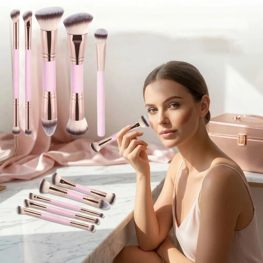 

2/4/5Pcs Flat Top Dual-ended Makeup Brushes Angled Top Soft Bristle Foundation Brush Set Multi-Functional Double-Ended