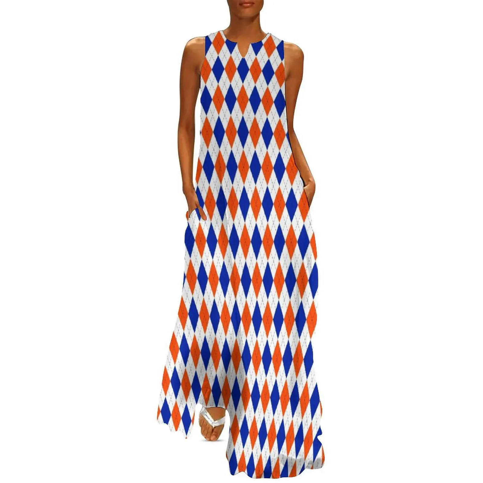 Orange and Blue Traditional Argyle All Over Print Long Dress clothes for woman Woman dresses Women's dresses