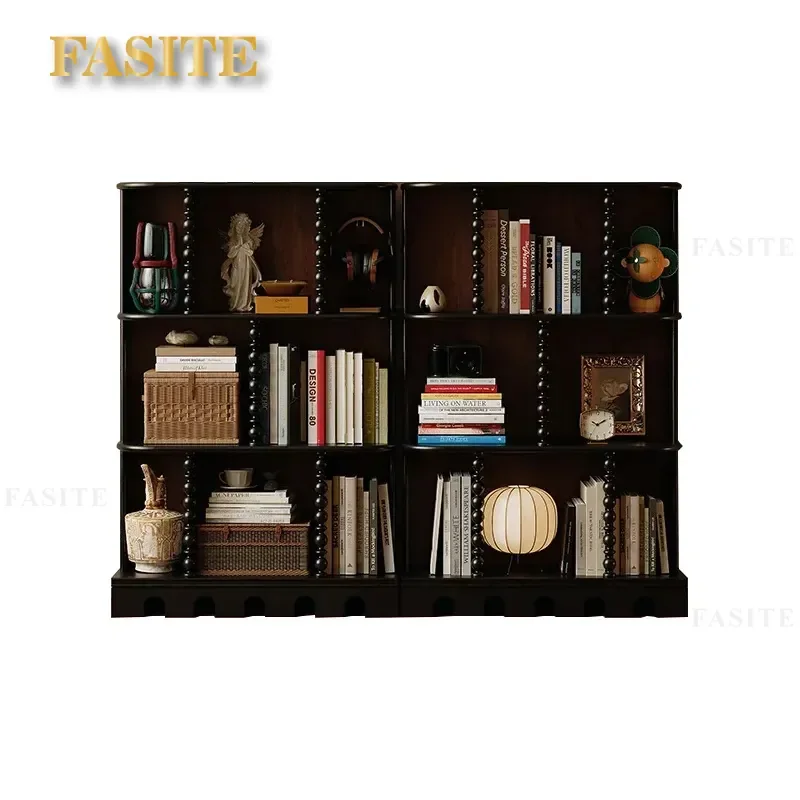 French Retro Solid Wood Half Wall Pearl Bookcase Floor to Ceiling Combination Storage Cabinet for Study Living Room Wall