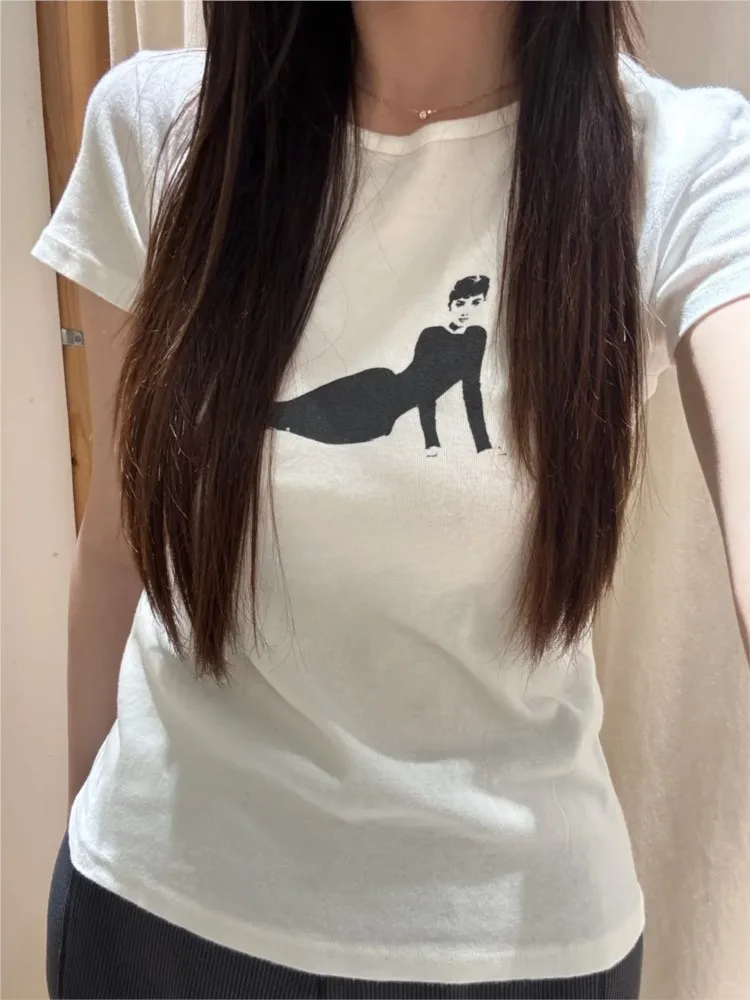 Character Print White T-shirts Women Summer Casual Simple Streetwear Slim O-neck Short Sleeve Tees Vintage Hepburn Style Tshirts