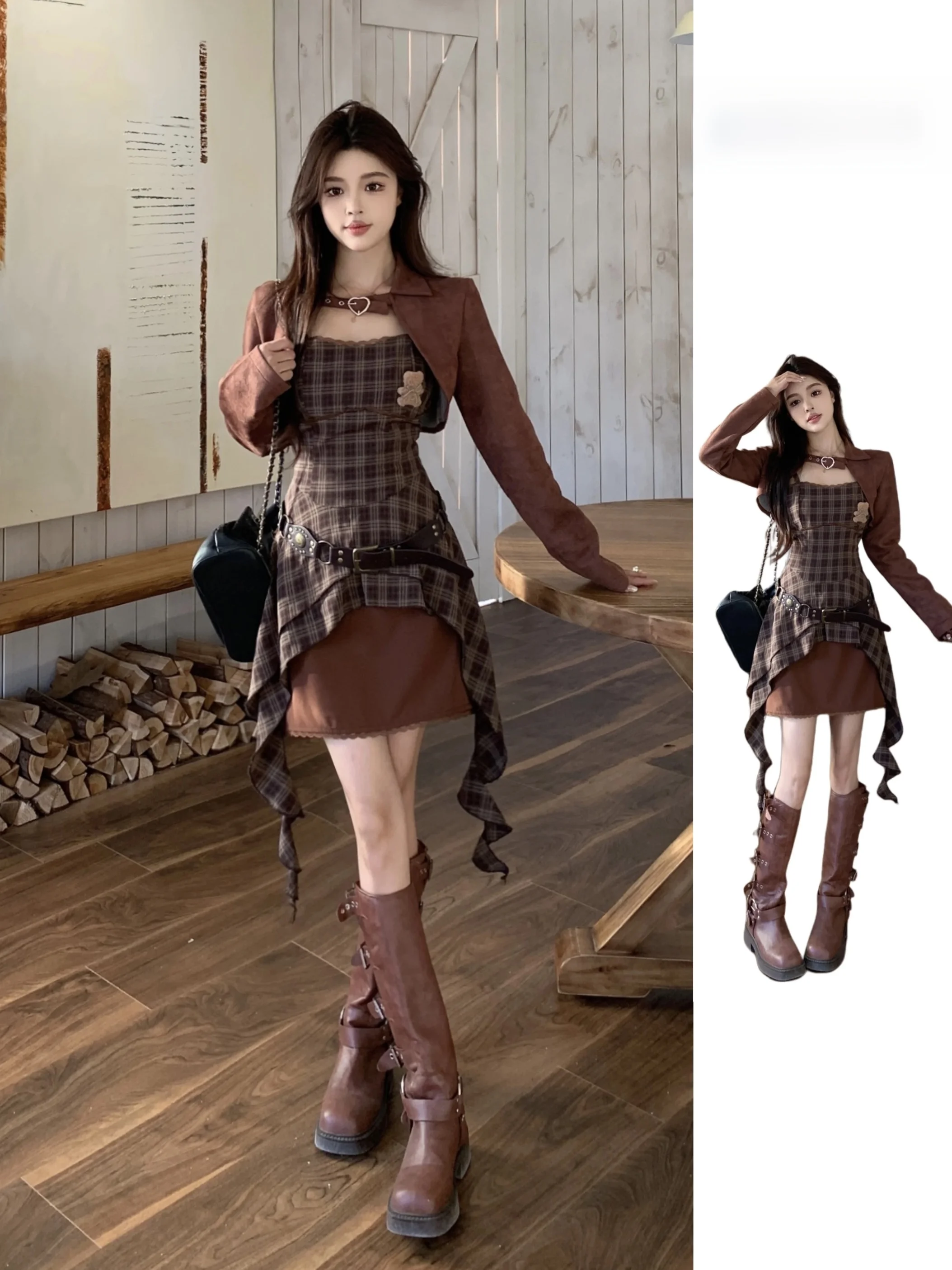 

Short Crop Top And Skirt Set Irregular Hemline Women's Fashion Sweet And Spicy Style Two-piece Suit Autumn Winter Vintage Look