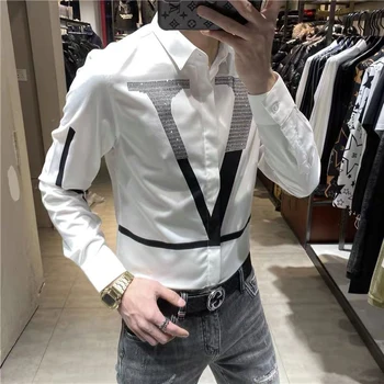 Primavera outono personalidade diamantes carta impressão camisa hombre manga longa casual moda all-match blusa de fundo masculino topo