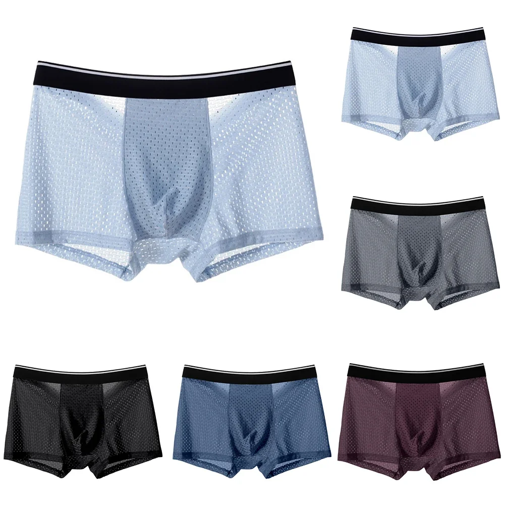 Mens Ice Silk Underwear Mesh Sexy Breathable Boxer Shorts Transparent Briefs Bugle Pouch Panties Male See-Through Trunk Panties