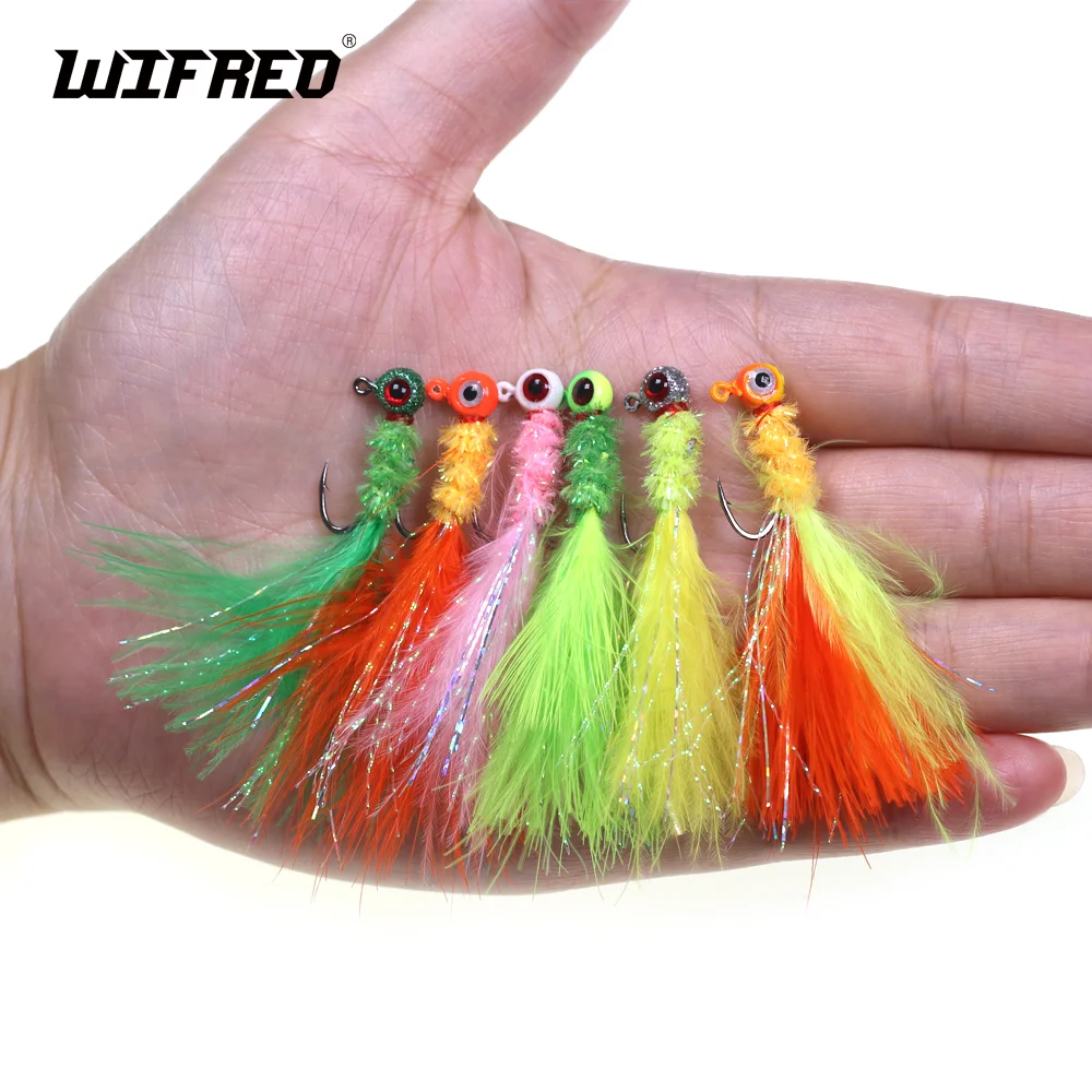 Wifreo 6pcs Marabou Feather Jig Head Hook Crappie Jigs Fishing Lure Ice Fishing Crappie Walleye Perch Trout Bass Fishing Lure