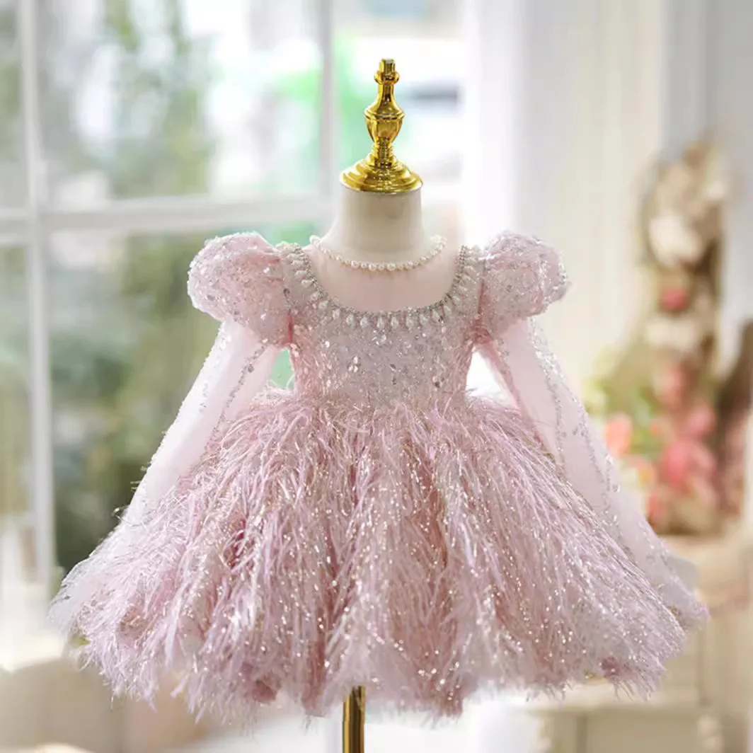 Children Princess Dress Pink Girl Host High End Girl Wedding Dress Little Girl Birthday Piano Performance Dress