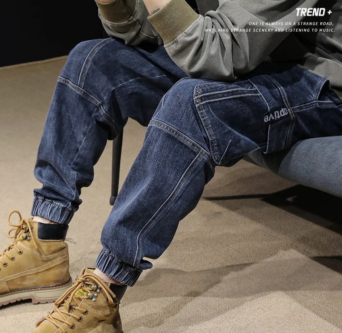 Spring Autumn Men Jeans With Multiple Pockets, Loose Tapered Pants Harem,Street Elastic Waist Cross-Pants