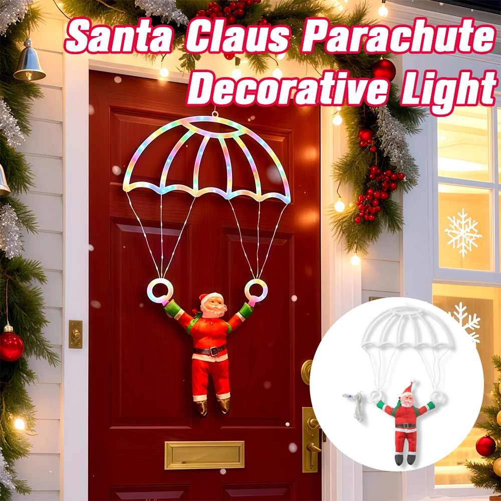 LED Christmas Parachute Light with Santa Claus Hanging Xmas Lamp Outdoor Roof Balcony Porch Fence Tree Home Decorations