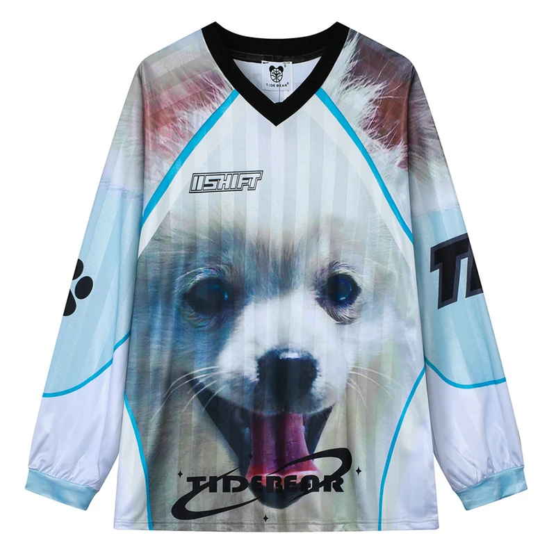 

Трикотажные топы с длинными рукавами и принтом милого щенка, женские и мужские уличные рубашки большого размера в стиле Харадзюку, пуловер с v-образным вырезом, повседневные рубашки с рисунком животных