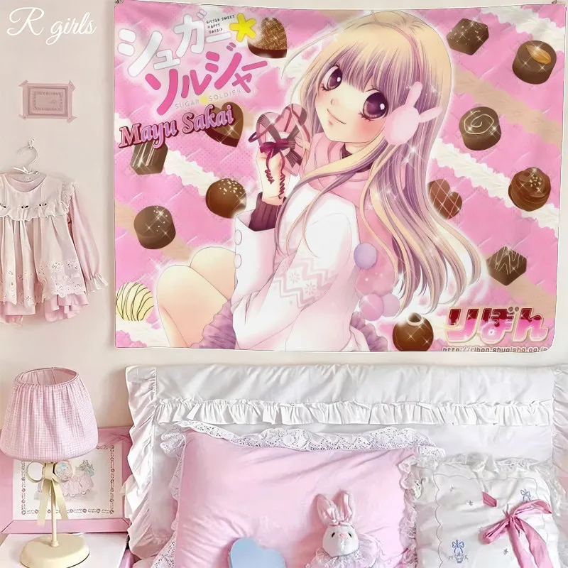 VIKAMA Ribbon Moe Anime Tapestry Kawaii Pink Flower Aesthetic Room Decor Wall Hanging Bedroom Dorm Cute Girls Art Print