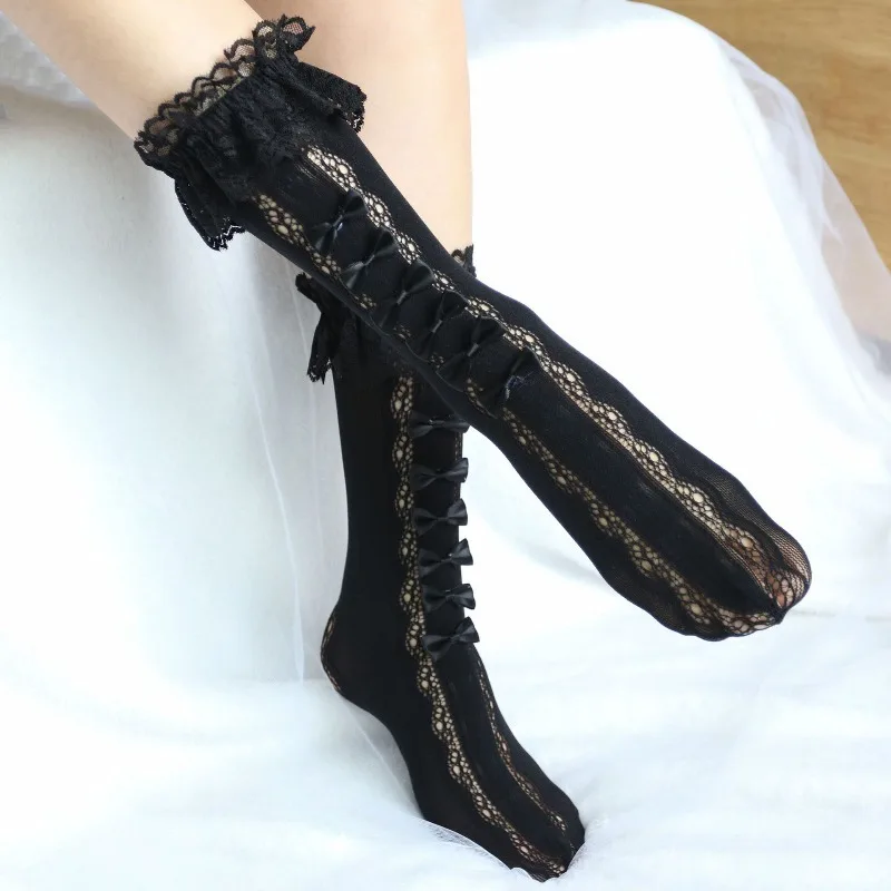 

1 Pair of Bow Shaped Mid Length Stockings JK Girls Lace Lace Stockings Lolita Princess Coa Long Length Lace Bow Shaped Stockings