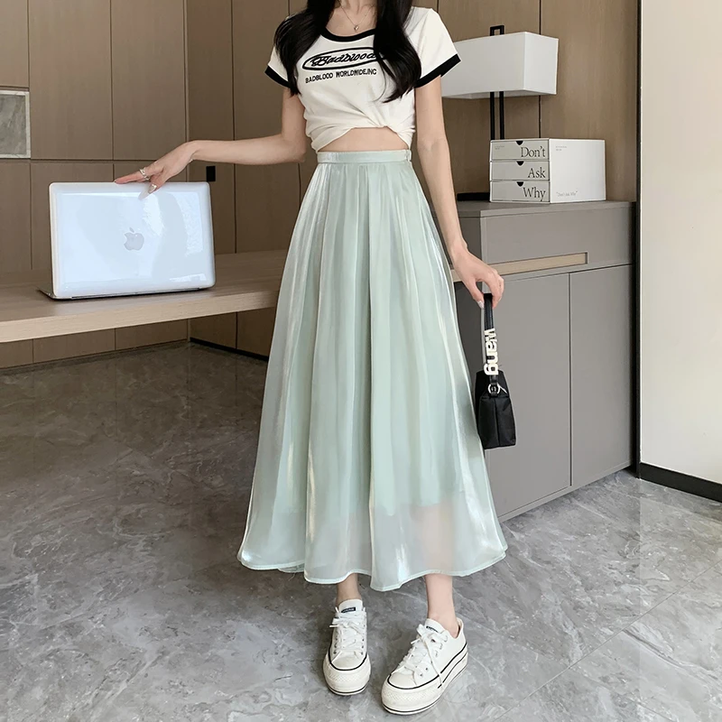 Spring Summer High Waist Women Mesh Skirts 4 Color Solid Pleated Skirts with Lining Elegant Loose Woman Chiffon Skirts