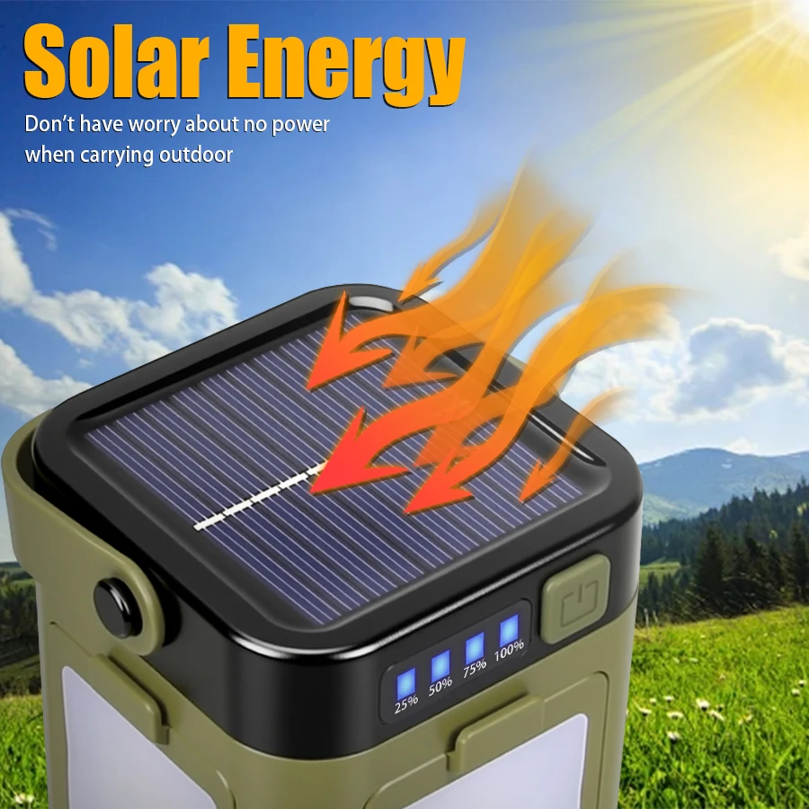 Portable LED Solar Camping Lamp USB Rechargeable Powerful Flashlight Foldable Tent Lamp Emergency Lighting Power Bank Torch