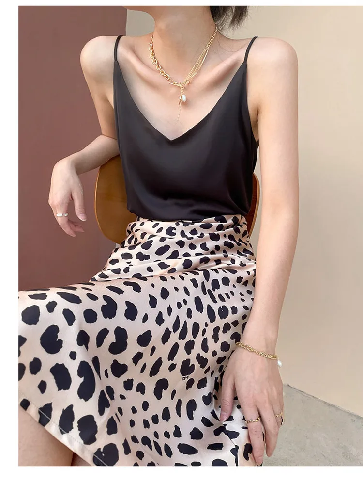 2023 Summer Leopard Print Skirt Women A-line High Waist Slik Satin Skirt Midi Elegant Vintage Long Skirt for Women